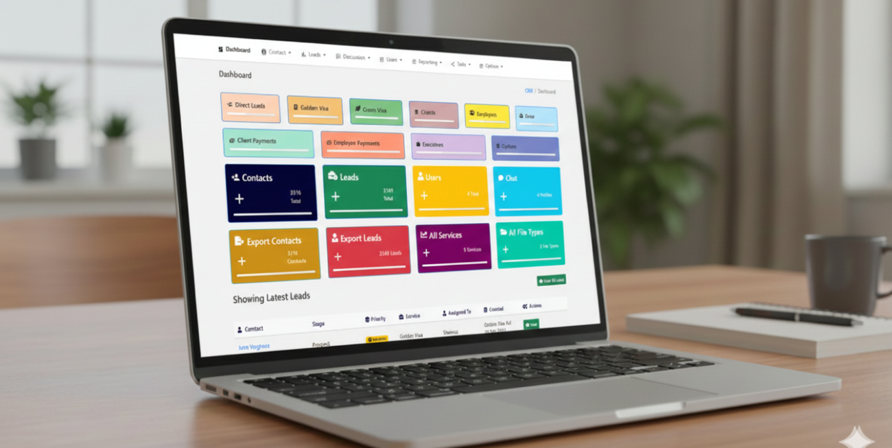 A fully customized CRM system designed to manage leads, clients, payments, employees, and services from a single intuitive dashboard.